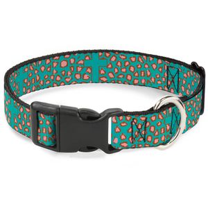 Buckle-Down Plastic Clip Collar - Cross Repeat Leopard Turquoise/Pink - 1/2" Wide - Fits 9-15" Neck - Large