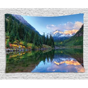 Ambesonne Lake House Decor Collection, Reflection of Snowcapped Maroon Bells in Fall, At Sunrise. Impresión panorámica para colgar en la pared, dormit