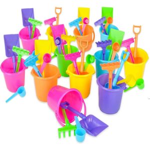 Juego de cubo de playa y pala – (Paquete de 12) juego de caja de arena para fiesta y barra de arena para playa incluye mini cubo de 3.5 in, pala, rast