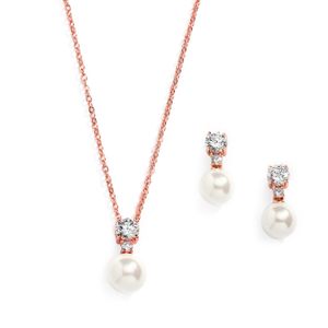 Mariell - Juego de collar y pendientes de boda con circonita cúbica y perlas marfil, para damas de honor y novias