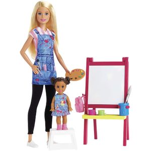 Juego de Barbie Art Teacher con muñeca rubia, muñeca de bebé, caballete y accesorios.