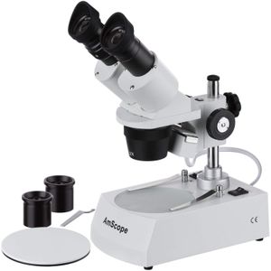 AmScope SE306R-PZ Estereomicroscopio binocular frontal, visor WF10x y WF20x, ampliación 10X-80X, objetivos 2X y 4X, fuente de luz halógena superior e