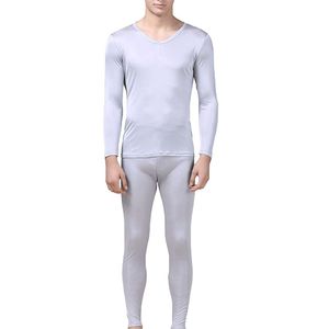 Fashion Silk - Conjunto de ropa interior térmica para hombre con cuello en V de seda de morera
