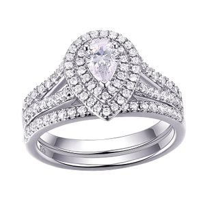 Newshe - Juego de anillos de compromiso para mujer, plata de ley 925, 1,3 quilates, circonita blanca de pera, talla 5-10