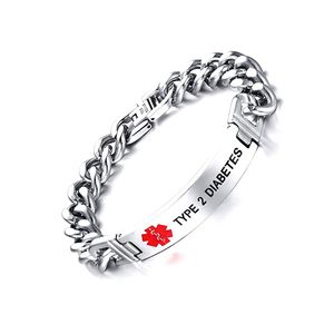 Grabado gratis - Acero inoxidable pulido cadena cubana alerta médica ID pulseras hombres, piel cómoda