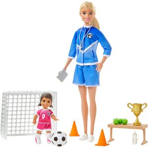 Barbie entrenador de fútbol juego con muñeca rubia, muñeca estudiante y accesorios