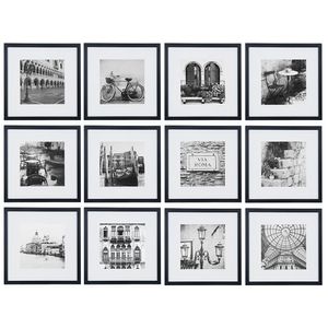 Gallery Perfect - Kit de 12 piezas de marco de fotos cuadrado negro con impresiones artísticas decorativas y plantilla para colgar