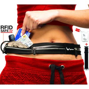 [Voted #1 Running Belt] 3 Pocket Runners Fanny Pack w/RFID Blocking Pouch - para iPhone y teléfonos Samsung - Sin rebote, impermeable, reflectante, pe