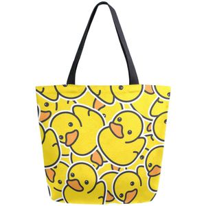 ZzWwR Chic Cute Rubber Yellow Ducky Pattern Extra Large Canvas Market Beach Travel Reusable Grocery Shopping Tote Bag Portable Storage HandBags