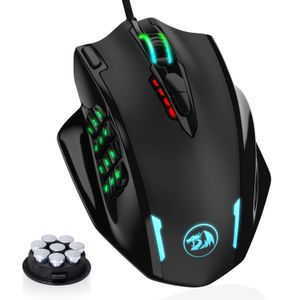 Redragon Impact RGB - Ratón LED MMO con botones laterales y cable láser para videojuegos con 12.400 DPI, alta precisión, 18 botones programables para