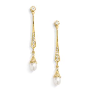 Mariell Slender - Pendientes de perlas de agua dulce con circonita cúbica de oro de 14 quilates, estilo boda nupcial