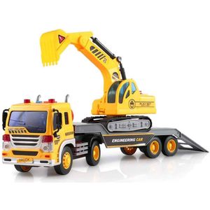 ToyThrill - Camión de cama plana con tractor excavador - Juguete de construcción para niños y niñas con luces y sonidos - Diseño realista a escala 1:1