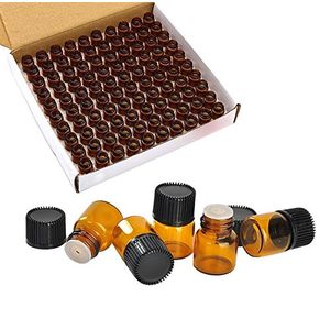 Wresty 100 paquetes de botellas de aceite esencial, 1 ml (1/4 dr) Mini botella de muestra, ámbar vidrio, con 3 gotas gratis