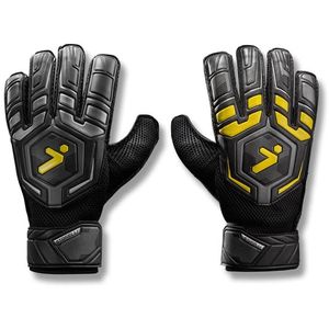 Storelli Gladiator Challenger 1.0 Goalkeeper Gloves | Protective Soccer Goalie Gloves with Finger Spines | Enhanced Finger and Hand Protection | Black