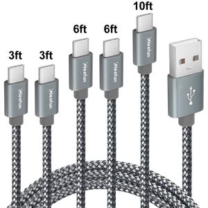 Cable de carga rápida USB tipo C [5 unidades, 3/3/6/6/10 pies] de nailon trenzado, Gris