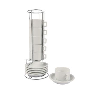 Juego de tazas de café y platillos apilables con soporte de metal, 13 piezas, 6,35 ml, color blanco, porcelana, taza de café turca, desinfectante apil