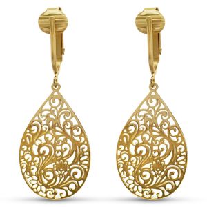 Pendientes de filigrana victoriana con clip para mujer y clip-ons, colgantes de hojas de lágrima ligeros (filigrana dorada)