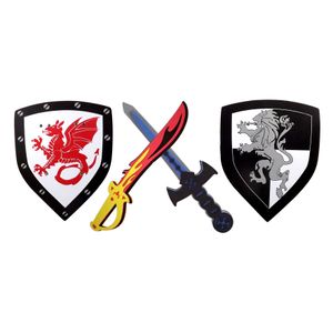 Espada de espuma y escudo, paquete con 2, guerrero ninja SET de juguetes para niños + rojo fuego, escudo de dragón versus espada de hielo azul, escudo