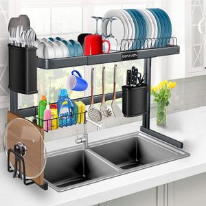 Estante de secado de platos sobre el fregadero, de acero inoxidable, ajustable (27.5" - 33.5") para platos y utensilios, organización y almacenamiento