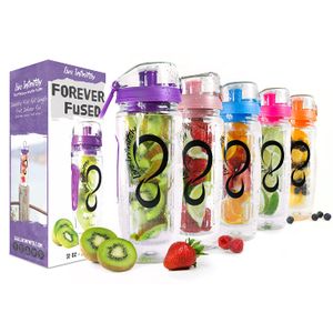 Vive infinitamente 32 oz. Botellas de agua para infusor – con una barra de perfusión de longitud completa, tapa abatible, empuñaduras de mano dobles y