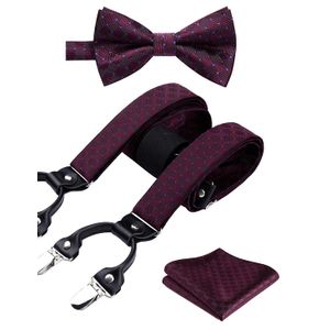 HISDERN Check 6 Clips Suspenders & Pre Tie Bow Tie and Pocket Square Set Y Shape Adjustable Braces