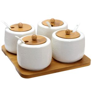 Jarros de cerámica Elama con tapa de bambú y cucharas de servir