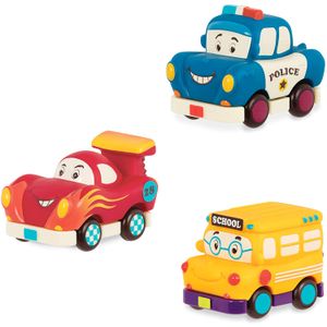 B. toys by Battat - Mini sistema de vehículos de retroceso, autobús y coches, multi, 3Pc Hot Rod, autobús escolar, coche de policía