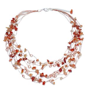 NOVICA Perla Cultivada De teñido y cornalina Beaded Necklace, 20," "Cálido ducha con extensor