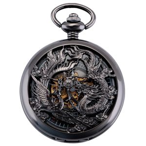 ManChDa Reloj de bolsillo mecánico antiguo con diseño de dragón de la suerte y fénix, esfera negra con cadena + caja de regalo