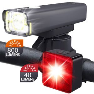 Juego de luces LED recargables para bicicleta, 800 lúmenes, una luz más brillante para bicicleta, amplia y de largo alcance, 85 ° y 650 pies, IPX6, re