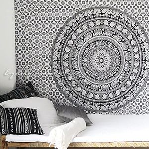 Ojos de la India – Blanco y Negro Elefante Indio Mandala Tapiz colgante Picnic Bohemia Boho Hippie