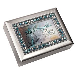 Cepillado plata Jeweled Inlay joyas caja de música
