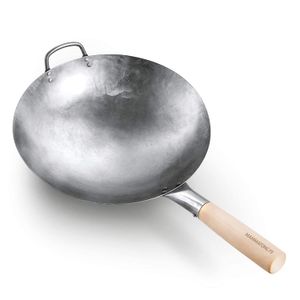 Mammafong - Wok martillado a mano, de acero al carbono sin revestimiento, 14 pulgadas, wok chino Pow, wok tradicional redondo inferior, Wok con fondo