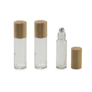 3 piezas 0.3 fl oz/0.35 oz transparente rellenable botellas de aceite esencial roll-on Vial De Vidrio Con Bolas de Rodillo de acero y tapa de bambú co