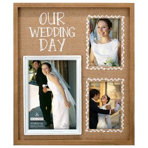 Malden International Designs Burlap pared sentimientos serigrafiada "Nuestro Día De Boda" Picture Frame, 3 Opción, 2 – 4 x 6 & 1 – 5 x 7, Bronceado