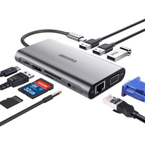 Adaptador USB C Hub, USB C, EUASOO 10 en 1 Thunderbolt 3 hub 1000M RJ45 Ethernet, 4K HDMI, VGA, USB 3.0 puertos, PD 2.0 puerto de carga, lector de tar