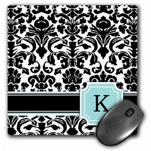 3dRose LLC 8 x 8 x 0.25 inches mouse pad, letra K monograma Personal menta azul blanco y negro Patrón de Damasco elegante inicial personalizado (mp _