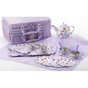 Estaño 20pc Juego de té en cesta, Polka