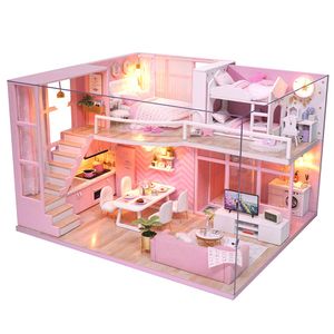 Spilay - Kit de muebles de madera para casa de muñecas en miniatura, hecho a mano, modelo de apartamento moderno con cubierta antipolvo y caja de músi