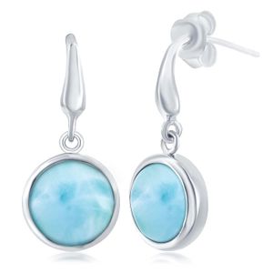 Plata de ley de alta polaco bezel-set Natural Larimar Ronda arete