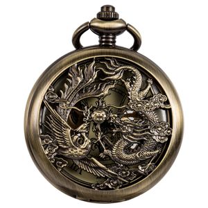 SIBOSUN - Reloj de bolsillo con esqueleto de Phoenix y Dragón para hombre, con cadena mecánica, media mano de cazador
