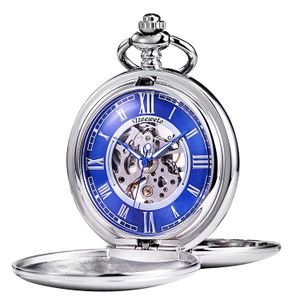 Reloj de bolsillo Treweto – suave doble funda serie Esqueleto esfera delicado movimiento mecánico con cadena, plata