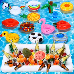 12 + 1 bandeja inflable para ensalada con soporte inflable para bebidas, incluye unicornio, nube, piña, flamenco, pato amarillo inflable para alberca,