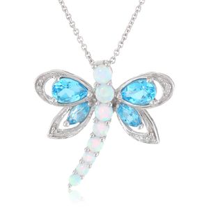 Plata de ley multi-gems y genuina White Diamonds Dragonfly Colgante Collar, 18"