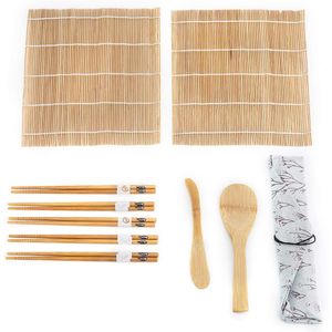Juego de 9 palillos de bambú para sushi, incluye 2 alfombrillas de rodillo, 5 pares de palillos con bolsa de almacenamiento, pala, delineador para pri