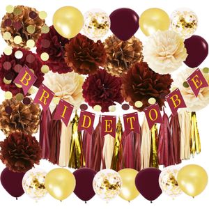 Decoración de boda para novia o despedida de soltera, diseño de pompón de color burdeos con pompón de color dorado