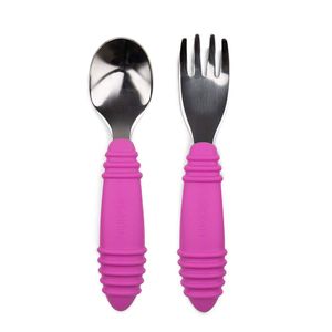 Bumkins Bumkins - Juego de tenedor y cuchara para bebé, acero inoxidable y silicona, color fucsia y rosa