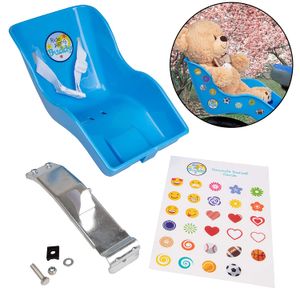 Ride Along Buddy - Asiento para bicicleta (azul) con pegatinas decorativas para ti (se adapta a animales de peluche, chica americana y muñecas de 17.7