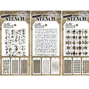 Tim Holtz – Plantillas de estratificación Mini – Juegos # 7, # 8, & # 9 – 9 Mini plantillas – numérica, gallo, anillos, Honeycomb, Schoolhouse, Dot Fa