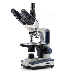 Swift SW350T 40X-2500X - Microscopio de laboratorio trinocular de grado de investigación con ojales de campo amplio 10X y 25X, etapa mecánica, condens